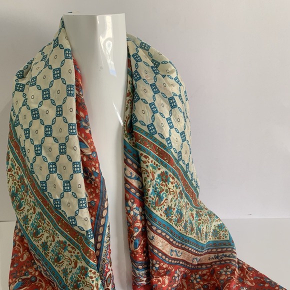 100% Silk Scarf Shawl Tassels Red Teal Ivory Floral Boho Global Artisan Wrap - Picture 2 of 14